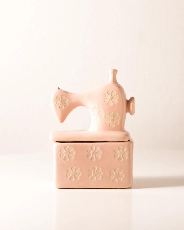 Handmade Kawaii Miniature Dollhouse Pink Ceramic Sewing Machine Trinket Box