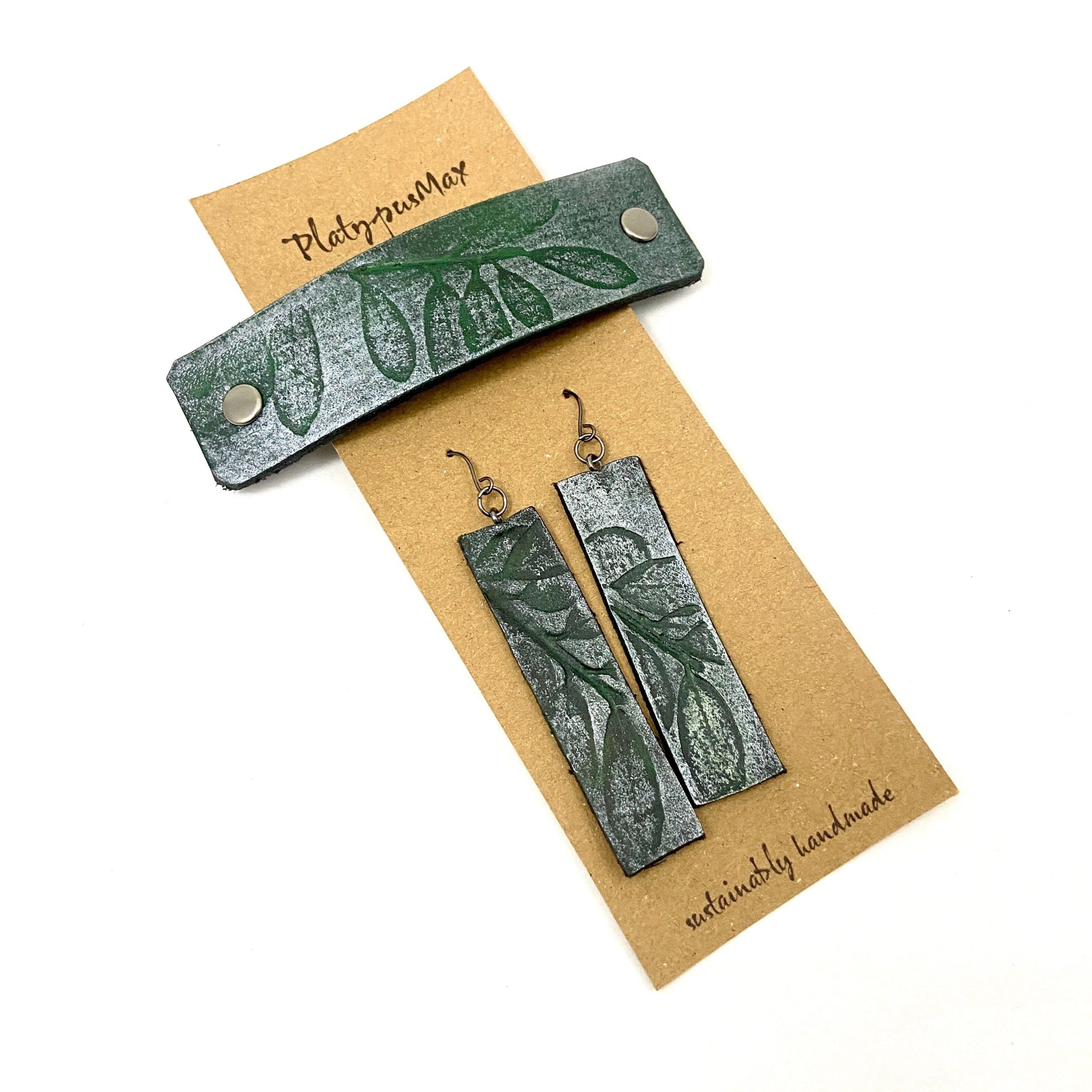 Green & Silver Embossed Leaves Barrette and Earring Gift Set